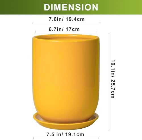 Plant Pot 8 Inch - Ceramic Plant Pot with Drainage Hole and Saucer Large Planter for Indoor Plants Outdoor Modern Flower Pot for Home Garden Decor Yellow - Image 3
