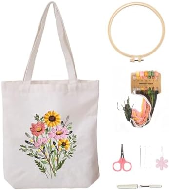 Vigdit Canvas Tote Bag Embroidery Kit for Beginners, Needlepoint Cross Stitch Kit for Adult Beginner, DIY Reusable Grocery Bags Embroidery Starter Kit with Stamped Floral Tools & Instructions by Vigdit