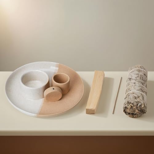 4 in 1 Incense Holder, Ceramic Incense Stick and Palo Santo Holder,Sage Holder for Burning- 4.25" Ceramic Ash Catcher Tray for Meditation and Yoga Room (White Sand) - Image 3