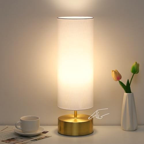 3-Way Dimmable Table Lamp, Touch Control Gold Bedside Lamp with White Shade by Seasidevillage