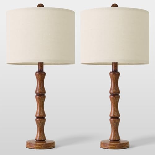 BOBOMOMO 25" Rustic Table Lamps Set of 2, Farmhouse Nightstand Lamps with Wood Grain Resin Base & Linen Shade, Standard Table Lamps for Bedroom, Living Room, End Table & House Décor - Image 5