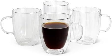 Amazon Basics Double Walled Glass Coffee Mugs, 4-Piece Set, 12 oz., Dishwasher-Safe, Borosilicate Glass by AmazonBasics