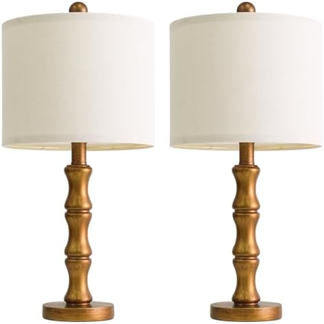 BOBOMOMO 20.5" Vintage Nightstand Lamps Set of 2, Farmhouse Table Lamps with Antique Gold Resin Base & Linen Shade, Small Bedside Lamp for Bedroom, Living Room, Office & Elegant Home Décor - Image 6