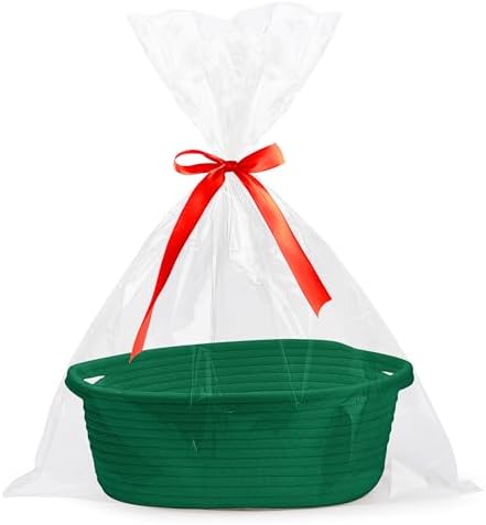 Pro Goleem Small Woven Basket with Gift Bags and Ribbons Durable Baskets for Gifts Empty Small Rope Basket for Storage 12"X 8" X 5" Baby Toy Baskets with Handles, Green by ProGoleem