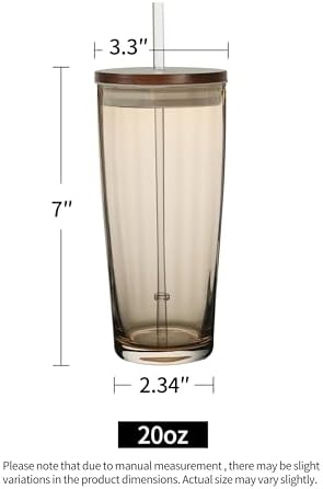 NIRA.Z Glass Tumbler with Lid and Straw 20oz, Ribbed Aesthetic Iced Coffee Glass Cup, Amber Drinking Glass with Wooden Lid, Reusable Straw Cup - Image 3
