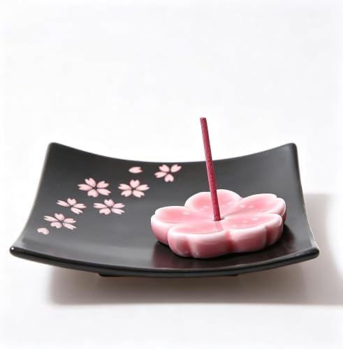 Japanese Cherry Blossom Ceramic Handmade Cute Incense Stick Holder or Incense Burner Holder, Unique Ash Catcher Inscent Tray and Decorative Gift, Home Decor 3.96 inches, Square Black - Image 3