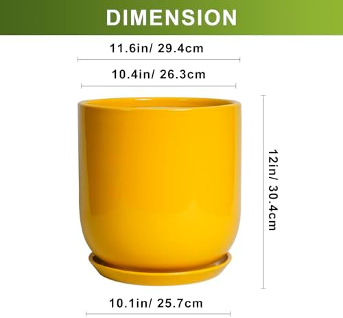 12 Inch Pots for Plants - Ceramic Planter for Outdoor Plants Large Plant Pot Indoor with Drainage Hole Modern Flower Pot for Home Patio Office Decor Yellow - Image 3
