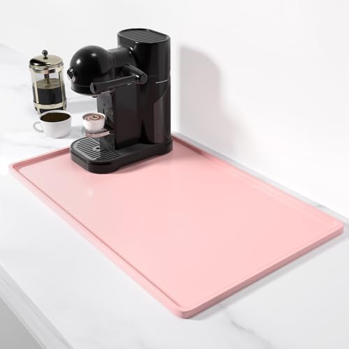 Rnivvi Silicone Coffee Mat, 12" x 19" Waterproof Raised Edge Coffee Bar Mats for Espresso Machine Station Accessories, Heat Resistant Dish Drying Pad for Kitchen Counter, Rubber Bar Decor Pad, Pink by Rnivvi