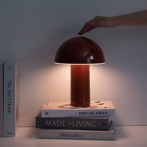 Brightech Celia Table Lamp – 10" Touch-Controlled Mushroom Accent Lamp, Cordless & Dimmable LED, Portable & Rechargeable Bedside Night Light, Sustainable Recycled Modern Patio Lamp for Home Décor, Red - Image 3