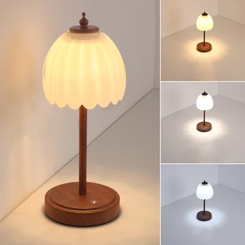 Shenmoyl Tulip Table Lamp with 5200mAh Battery & Touch Control, Small Cordless Table Lamp with 3 Colors, Rechargeable Battery Operated Table Lamps for Bedroom, Desk, Bedside (White-Walnut Color) by Shenmoyl