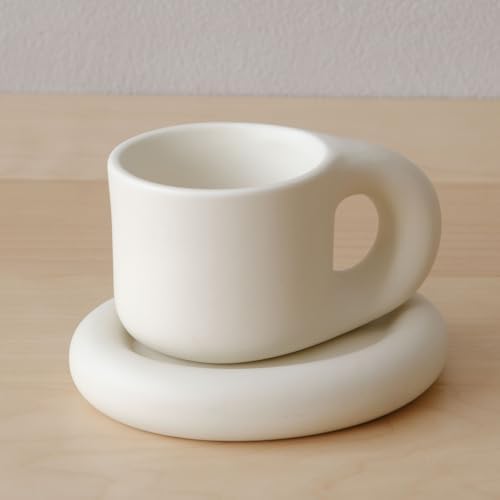 WENSHUO Ceramic Coffee Mug with Saucer, Cute Chubby Cup, 9 oz, Matte Crème by WENSHUO