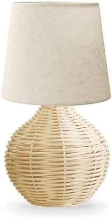 Rattan Small Table Lamp, Boho Farmhouse Style, Cotton Linen Lamp Shade, 6.2×6.2×11.8 Inch, with E12 LED Warm Light Bulb by LAMP