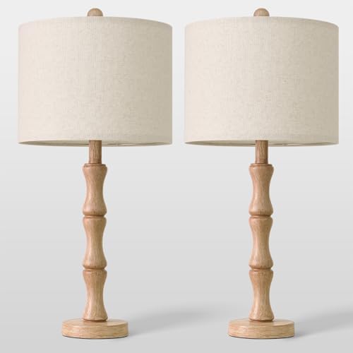 BOBOMOMO 25" Farmhouse Table Lamps Set of 2, Rustic Nightstand Lamps with Wood Grain Resin Base & Linen Shade, Standard Table Lamps for Bedroom, Living Room, Reading Nock & House Décor - Image 3