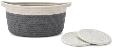 Small Cotton Rope Basket - White Woven Storage Basket with Handles, Desktop Organizer for Keys, Remotes, Makeup, Soft Decorative Bin for Bathroom, Office Shelf (White/Dark Gray) - Image 4