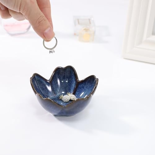 Flower Ring Dish Holder,Jewelry Dish Tray,Small Trinket Tray,Jewelry Plate Bowl,Key Bowl,Decorative Plate,Mothers Day Birthday Gifts for Women Mom Friends,Ceramic Kiln effect Blue - Image 2