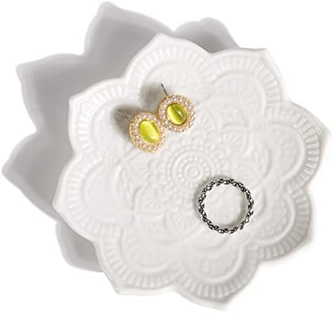 PUDDING CABIN White Mandala Jewelry Dish | 4.3-Inch Boho Home Decor | Ceramic Ring Dish Trinket Tray for Rings & Earrings | Wedding & Bridal Shower Mother Day Birthday Gift for Women by PUDDINGCABIN