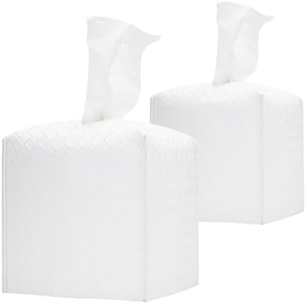HOMOTEK 2 Pack Tissue Box Cover,PU Leather Tissue Holder,Square Decorative Facial Tissue Cube Paper Organizer Dispenser for Bathroom, Night Stands, Desk, Car 5X5X5'' - Woven Waffle, Pure White by HOMOTEK