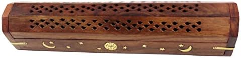 COTTON CRAFT Sheesham Wood Incense Burner Holder -Sun Moon Star Brass Inlay - Image 3