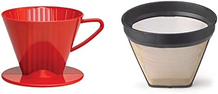 Fino Pour-Over Reusable Coffee Brewing Cone with Gold-Toned Mesh Permanent Coffee Filter, Number 2-Size, Red by Fino