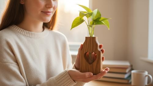 Wooden Plant Propagation Station Stand with Single Glass Test Tube Indoor Desktop Terrarium for Hydroponics Water Plant Cutting Flower Vase Planter Home Office Garden Decor Plant Lover Gifts (Brown) - Image 3