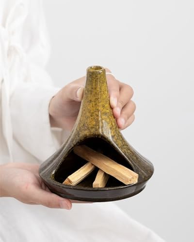 Ceramic Palo Santo Holder & Ash Catcher with Mini Chimney, Incense Holder & Sage Burner, Wabi-Sabi Home Decor for Meditation & Yoga(Antique Ochre) - Image 6