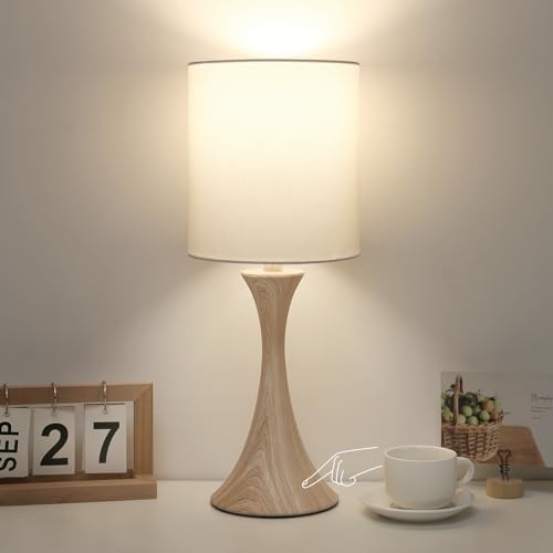 Dimmable Wood Grain Metal Table Lamp, 3 Way Touch Lamp with White Shade by Seasidevillage
