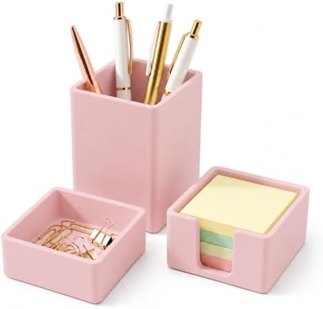 minimaliving Aesthetic Silicone Desk Organizer Set of 3,Modern Office Desk Accessories with Pen Holder,Paperclip Tray,Sticky Note Holder,Stylish Functional Office Desk Decor for Back-to-school(Pink) by minimaliving