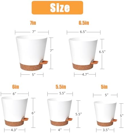 Vanslogreen Planters for Indoor Plants 7/6.5/6/5.5/5 Inch, Self Watering Planters with Drainage Holes and Saucers 5 Pack Plastic Pots for Plants, Succulents, Herbs, Cactus, Flower Pots, White - Image 3