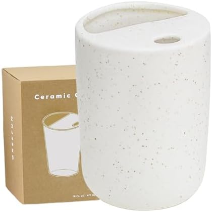 Handmade Ceramic Travel Coffee To Go Tumbler with Half Lid, 17oz Unique Tea Coffee Cup with Sip-top Lid, Speckle White by Greefun