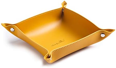 Leather Jewelry Valet Tray for Women and Man, Portable Entryway Table Tray Bedside Nightstand Desk Tray Small Catchall Travel Dish Plate for Key,Wallet,Watch,Coin (8x8, Yellow-B) by SANQIANWAN