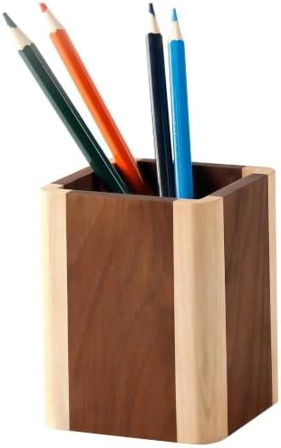 Natural Wood Desk Pen Holder Pencil Organizer Desktop Office Pencils Stand Holder Simple(Maple side walnut center) by YOYAI