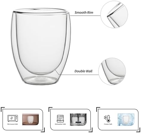 NIRA.Z 4 Pack 11.6oz/343ml Double Wall Glass Coffee Mugs, No Hole Bottom, Insulated Borosilicate Glass Coffee Cups, Clear Mugs for Hot & Cold Beverages, Perfect for Espresso, Latte, Tea, Cappuccino - Image 3