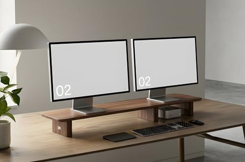Walnut Dual Monitor Stand Riser - 43.3" Extra Long Wooden Monitor Stand for 2 Monitors, Desk Shelf Organizer for iMac, Laptop & Ultrawide Displays, Natural Wood Grain - Image 6