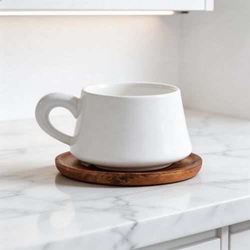 Set of 1 Ceramic Tea White Cup and Wood Saucer - 7 oz Tea Mug - Wide Cappuccino Cup, Coffee Cups for Cappuccino, Latte, Espresso, Americano - Image 6