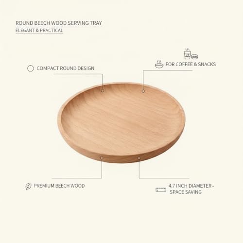 Small Round Beech Wood Tray for Coffee, Snacks, and Desk Organization - Compact Wooden Serving Platter for Nightstand or Entryway - Image 5