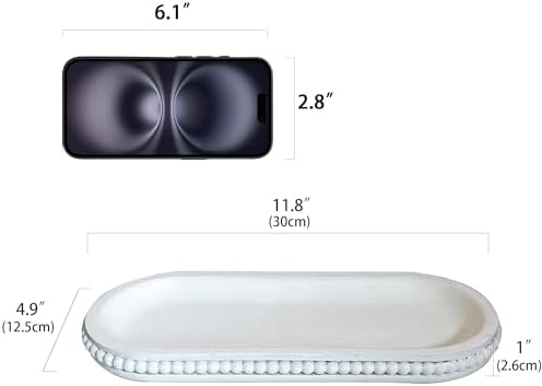 dwellington Wooden Farmhouse Decorative Tray, 12in Rustic Beaded Tray for Living Room Decor, Kitchen Table Décor, Oval Coffee Table Serving Tray (White) - Image 2