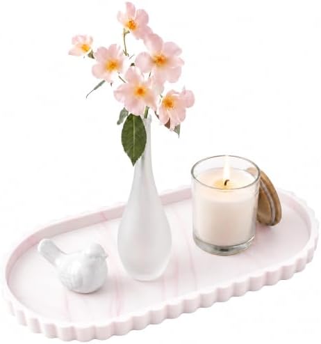 Silicone Bathroom Tray - 12''x5.3'' Oval Vanity Tray for Bathroom Countertop with Scalloped Edge, Elegant Bathroom Holders and Organizers for Toilet Top, Bathtub Caddy, Marble White Pink by METEOROCK