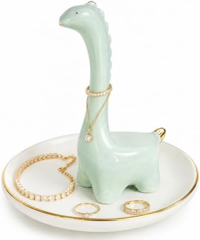 Ring Holder Dinosaur Jewelry Dish, Ceramic Dino Trinket Tray for Rings Earrings Necklace Bracelet, Animal Organizer for Vanity Nightstand Bathroom by bwszrosamatchawhiskset