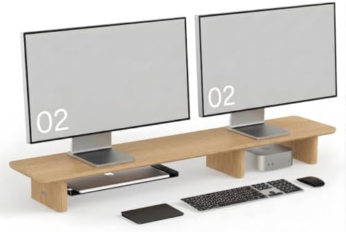 White Oak Dual Monitor Stand Riser - 43.3" Wooden Monitor Stand for 2 Monitors, Minimalist Desk Shelf Organizer for iMac, Laptop & Ultrawide Displays by Unknown