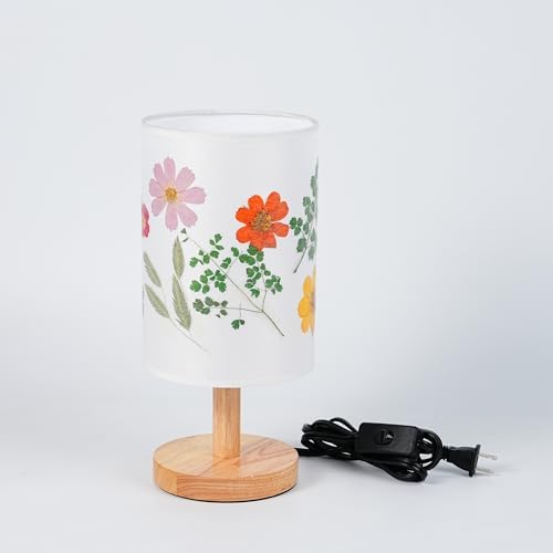 Decorative Table Lamp with Floral Shade Design, Wooden Base, Fabric Lampshade, Ambient Lighting for Bedroom, Living Room (White) - Image 2