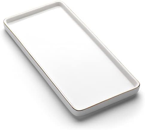 Gurygo 10" Bathroom Tray, Ceramic Vanity Trays for Bathroom, Small Ceramic Tray, Kitchen Soap Trays for Kitchen Counter (White with Gold-Edged, 10",Set/1) by FocusonHomeKitchen
