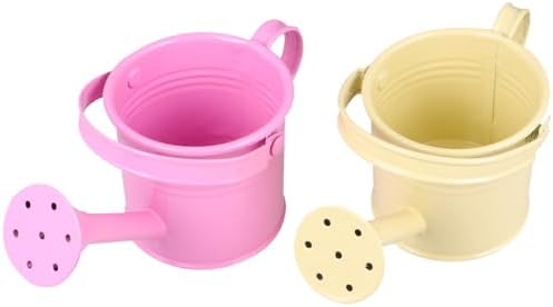 Totority Mini Iron Watering Can 2Pcs for Indoor Plants, Small Metal Watering Pot with Long Spout, 15cm Decorative Sprinkling Kettle for Succulents, Flowers and Desktop Gardening, Beige & Pink by Happyforkidstogrowup
