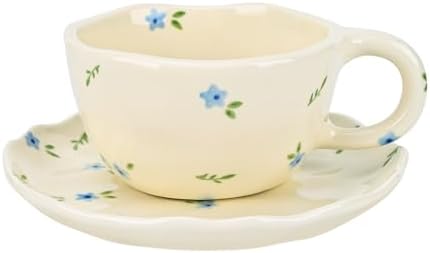 Koythin 8.5oz Handmade Ceramic Mug With Saucer, Blue Flower Latte Cocoa Cup by Koythin