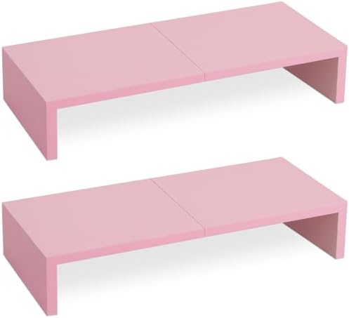 TEAMIX 2 Pack Pink Monitor Riser-20L inch, Cute Monitor Stand for Desk, Wood Sturdy TV/Screen/PC/Printer/Laptop Riser, Computer Shelf with Storage Desktop Organizer for Home Office by TEAMIX