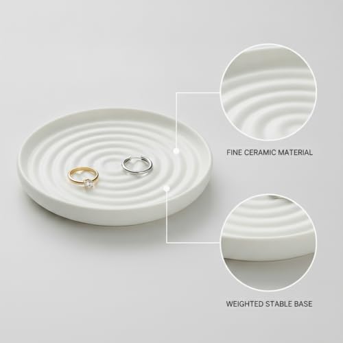 Ceramic Jewelry Tray with Water Ripple Texture, Small Catchall Dish for Rings & Earrings, Vanity Organizer for Bathroom or Dresser (White) - Image 6
