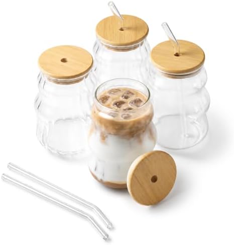4 Pcs Ribbed Iced Coffee Glasses Cups with Straws 18 Oz by Unknown