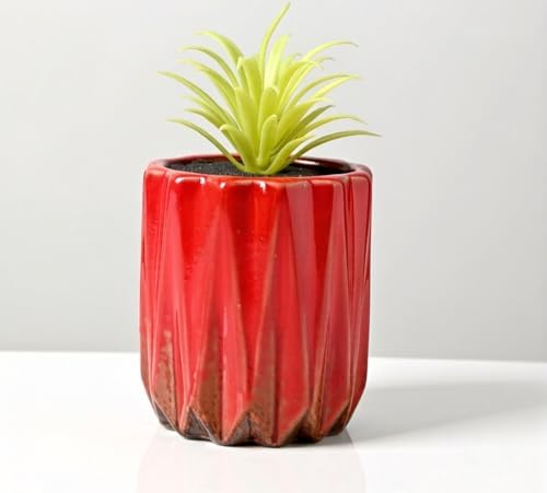 Modern Textured Ceramic Succulent Planter Pot – (No Plant Included) – Perfect for Small Plants, Cacti & Desk Decor – Lightweight & Durable (Red) - Image 2