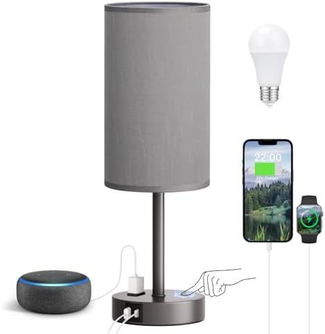 Fenmzee 17.4" Grey Lamp for Bedroom - Dimmable Touch, USB A+C, AC Outlet by Fenmzeelighting