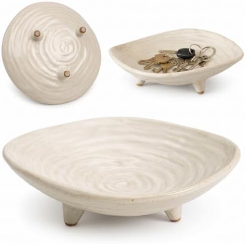 Small Decorative Bowl, 6” Ceramic Key Bowl for Entryway Table, Multi-Purpose Decorative Bowls for Candy, Jewelry and Home Decor（Retro White） by BSTUR