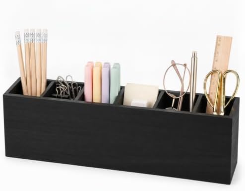 Jetec Wooden Pencil Pen Holder for Desk, Black, 6 Compartments by Jetec